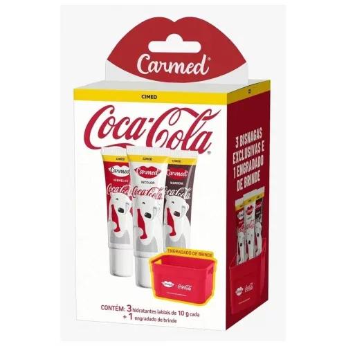 Kit Hidratante Labial Carmed Coca-Cola Cor Vermelho  Incolor e Marrom 10g Cada   Engradado