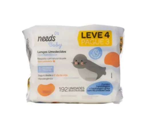 Kit Lenço Umedecido Needs Baby 98% Água Calêndula Sem Fragrância (4 pacotes 48 unidades cada)