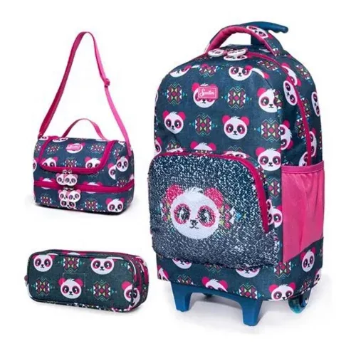 Kit Mochila De Rodinha Escolar Infantil Resistente Grande Cor Panda azul