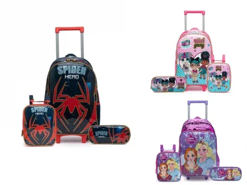 Kit Mochila de Rodinhas com Estojo e Lancheira Infantil Escolar