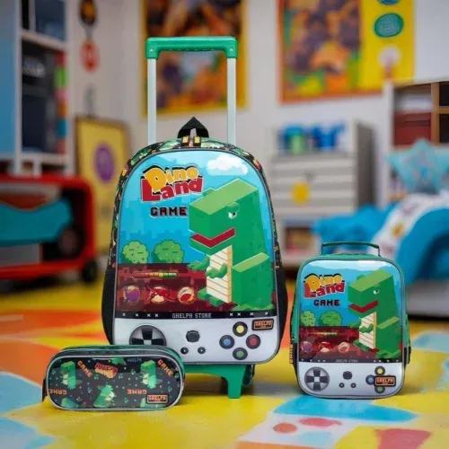 Kit Mochila de Rodinhas Estojo Lancheira Escolar