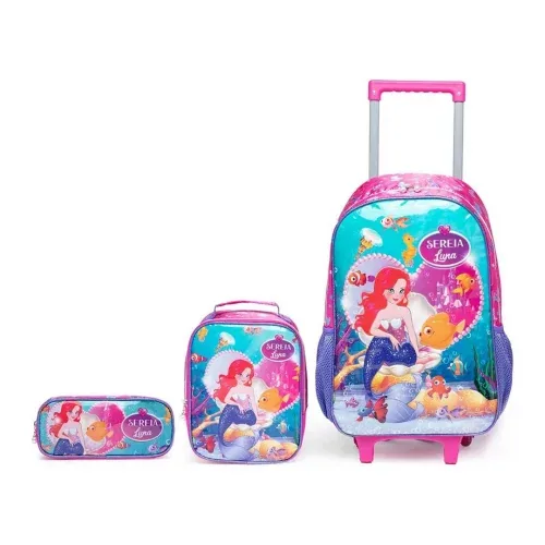 Kit Mochila De Rodinhas Estojo Lancheira Infantil Escolar