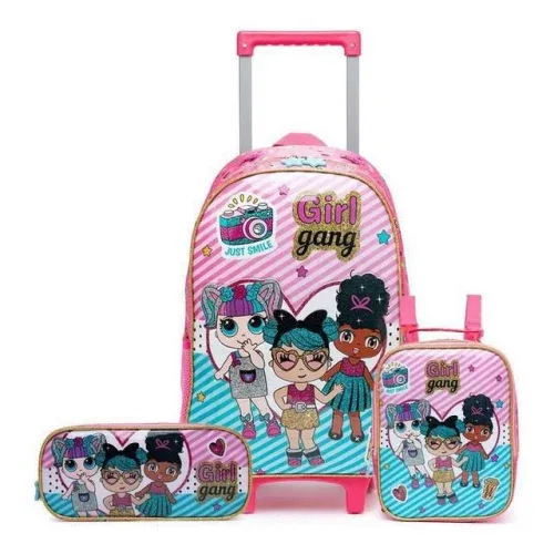 Kit Mochila De Rodinhas Estojo Lancheira Infantil Escolar