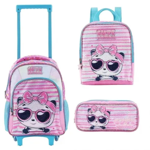 Kit Mochila Escolar com Rodinhas, Lancheira, Estojo Porta Lápis, Infantil, Menina (Cute Panda)