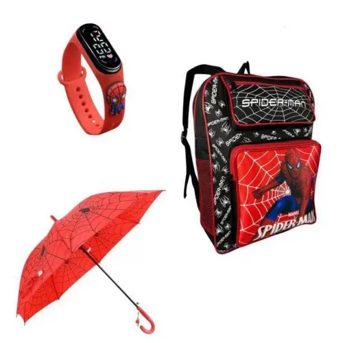 Kit Mochila Escolar Homem Aranha+ Guarda chuva + Relogio Personagem Infantil Menino Escola