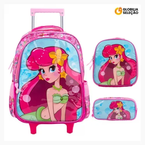 Kit Mochila Escolar Infantil de Rodinhas Menina Bolsa Resistente Impermeável Com Lancheira e Estojo BMA9312SCKIT