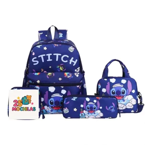 Kit Mochila Escolar Stitch 3 Peças + Estojo + Lancheira Infantil Menina