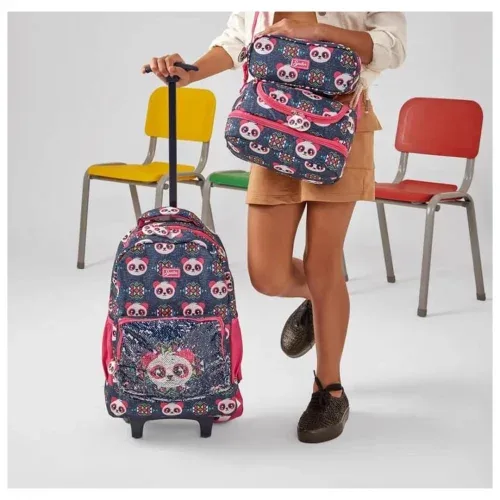 Kit Mochila Rodinha Escolar Spector Panda Azul com Estojo e Lancheira
