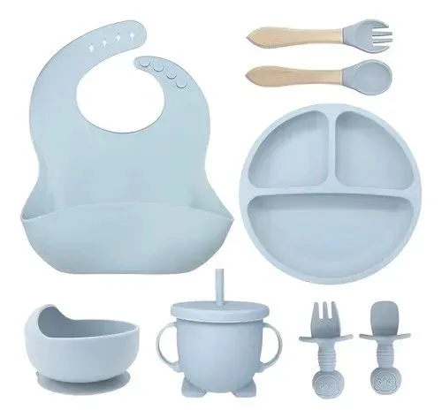 Kit Refeição Bebê Prato Copo Talher Babador Silicone Ventosa