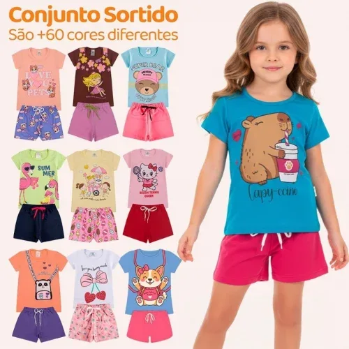 Kit Sortido de 2 ou 10 Peças de Roupas Infantil Menina Kit com Conjuntos de Roupa Infantil Menina Verão Feminino Bebê . - Tam 1 ao 14