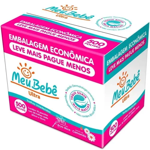 Kit Toalhas Umedecidas Meu Bebê Ultra com 500 Unidades - 10 pacotes com 50 unidades