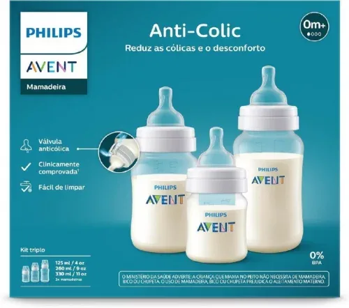 Kit Triplo Mamadeira Anti-Colic Philips Avent 125ml + 260ml + 330ml