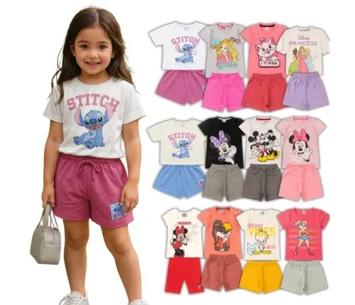 Kits de Roupa Menina Infantil Personagens Verão Conjunto Feminino Calor Barbie Minnie Stitch