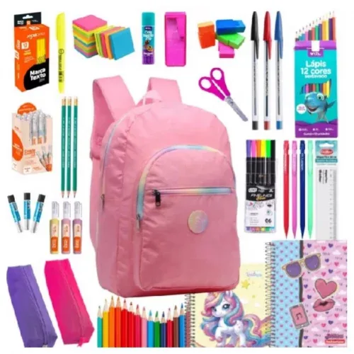 Material Escolar Sticker Canetinha fini Caderno 10 matérias Estojo Escolar Feminino Kit Completo