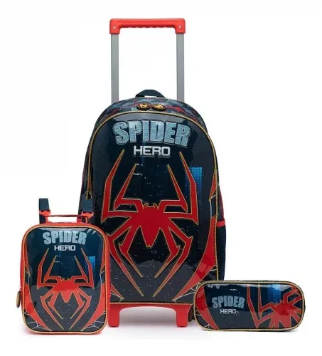 Mochila Carrinho Infantil Lancheira Térmica E Estojo Kids Cor Azul Spider Mochila Carrinho Infantil Lancheira Térmica E Estojo Kids Cor Azul Spider