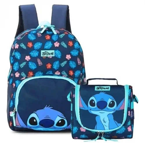 Mochila costas Escolar Resistente e Lancheira Térmica Stitch Disney