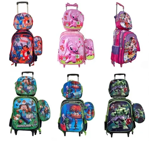 Mochila escolar com carrinho + lancheira e estojo impermeável