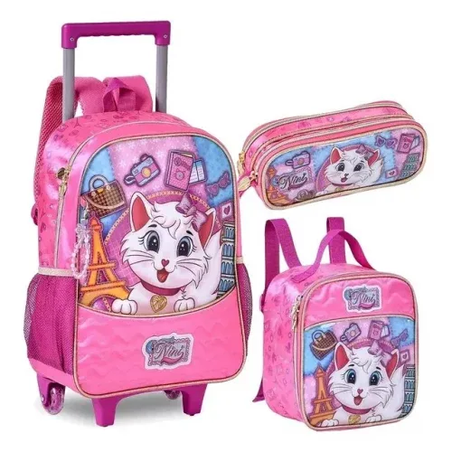 Mochila Escolar Infantil Rodinhas Clio Gatinha Nini Rosa Poliéster Geométrico
