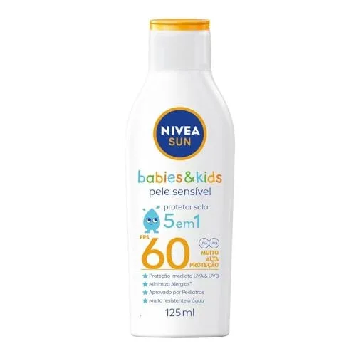 💎 NIVEA SUN Protetor Solar Kids & Babies Pele Sensível FPS 60 125ml - Infantil, muito alta proteção UVA/UVB, minimiza o surgimento de alergias, muito resistente à água com proteção imediata