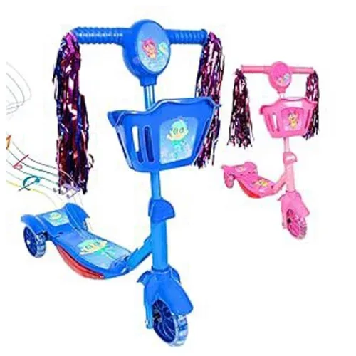 Patinete Infantil 3 Rodas com Luzes Led e Cesta Emite Som Musical Altura Regulável e Freio Traseiro  AZUL