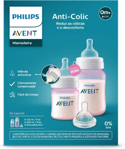Philips Avent Kit duplo Mamadeira Anti-colic 125ml + 260ml + Bico extra 6m+, Rosa, SCY119/14