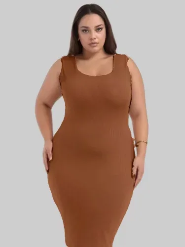 Vestido Plus Size Feminino Midi Canelado Alcinha Curve Modelador Decote Tamanho G1 G2 G3
