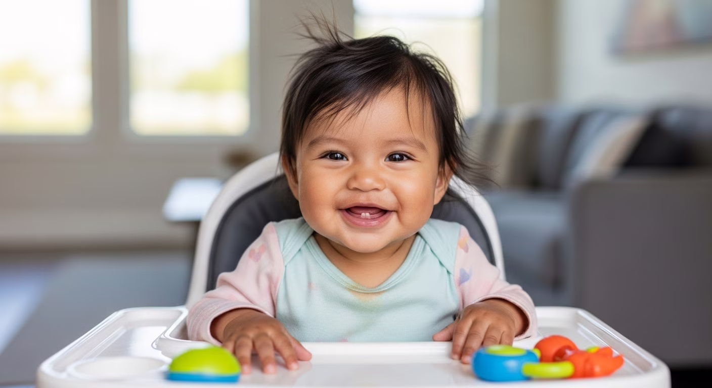 Mãe sorridente escovando os dentes de seu bebê com uma escova de cerdas macias, em um ambiente iluminado e aconchegante