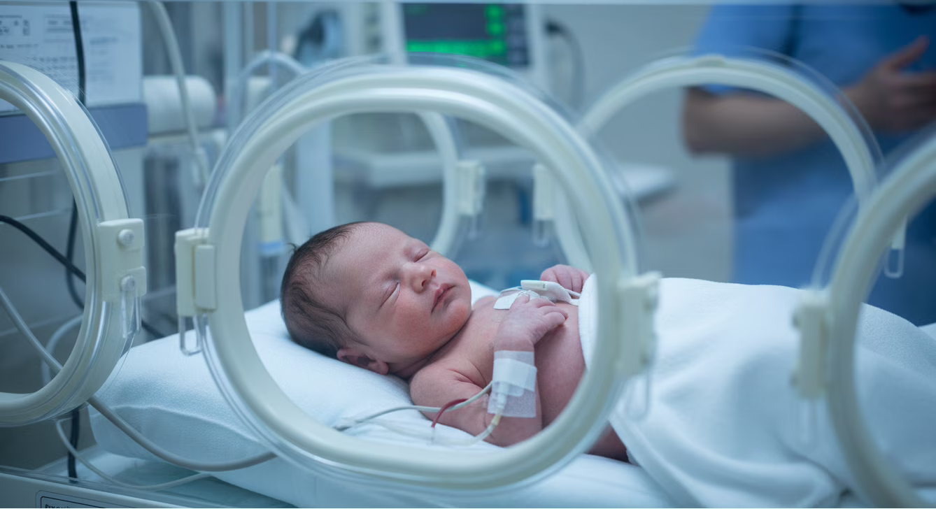 Bebê prematuro recebendo cuidado médico na UTI neonatal