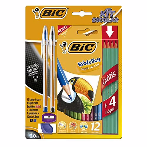 BIC, Kit Escolar Colorir + Cristal Precisão + 4 Lápis, 20 Unidades