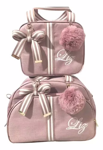 Bolsas  Maternidade Média E Pequena Personalizada Com Nome Rose Linho