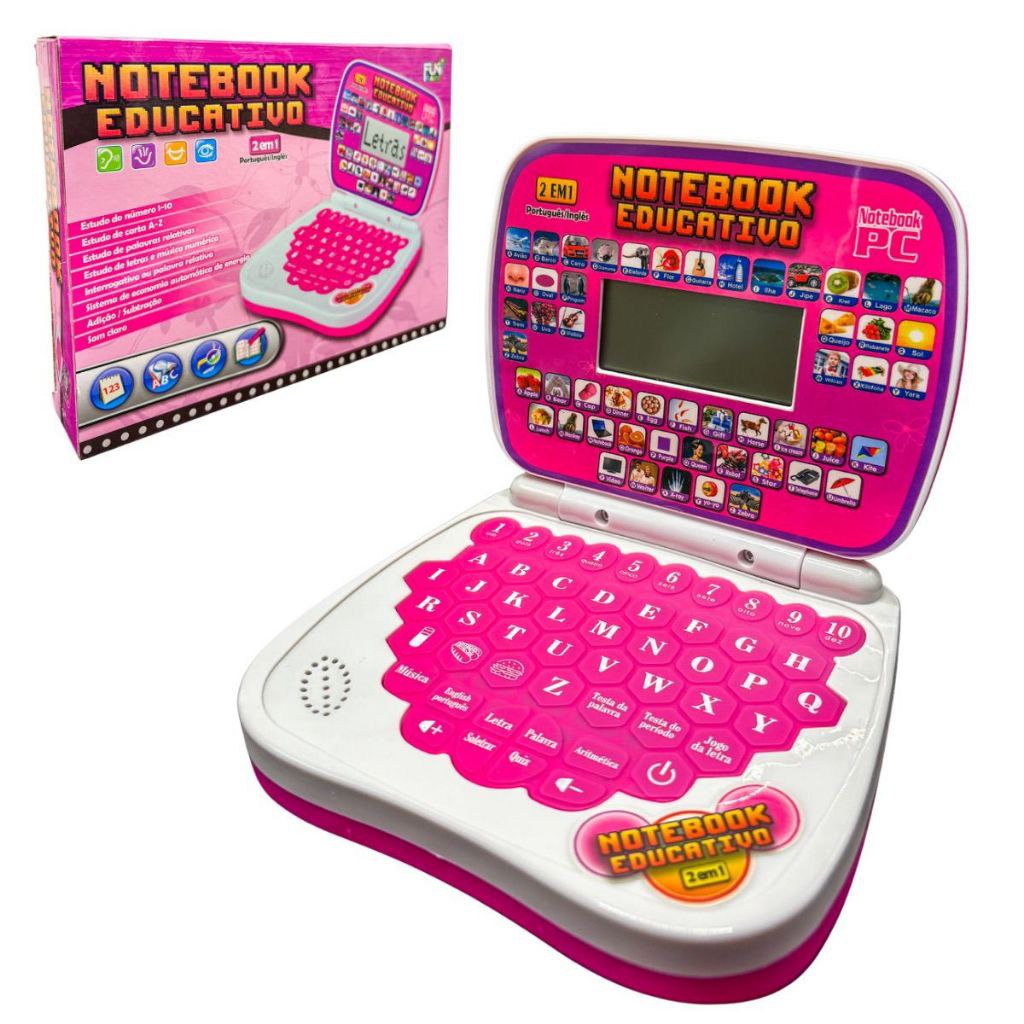Brinquedo Notebook Infantil Rosa Menina Educativo Bilíngue Inglês Espanhol Musical Matemática