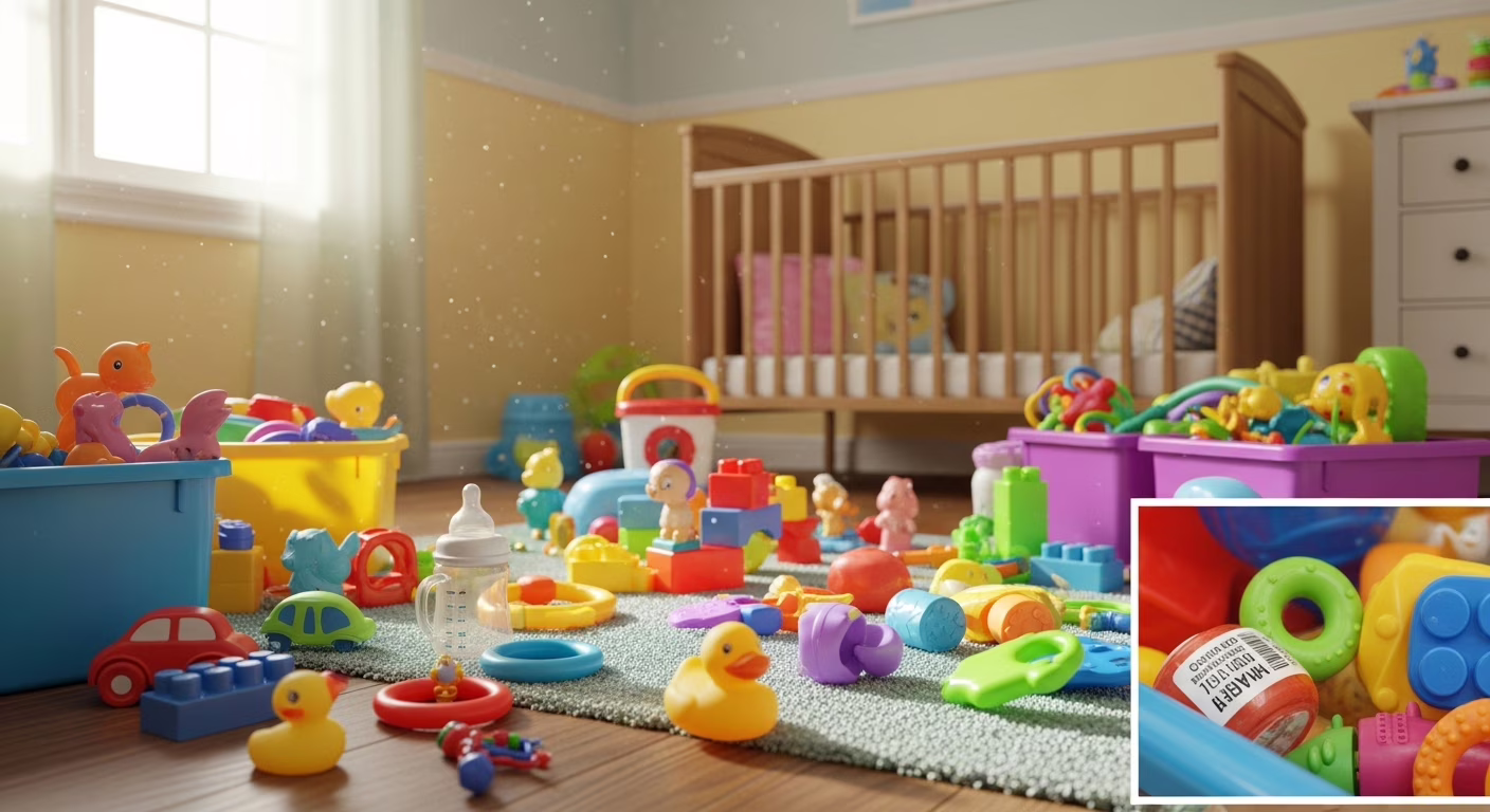 Brinquedos plásticos coloridos espalhados no chão, com uma criança pequena ao fundo segurando um carrinho, representando o risco de exposição a metais tóxicos durante a brincadeira