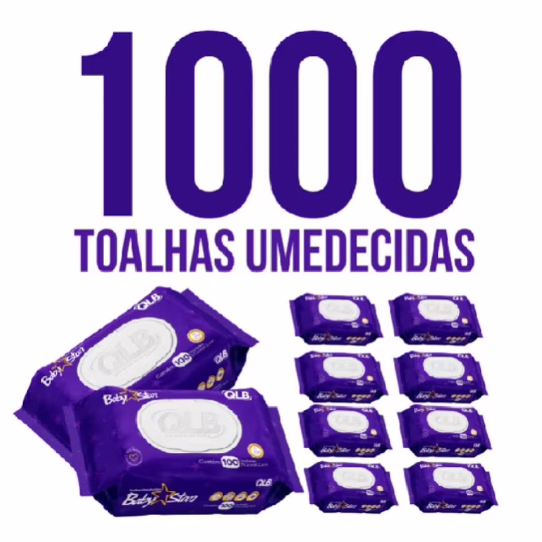 Caixa com 10 Lenços/Toalha Umedecidas Baby Star Roxa c/ 100 Unidades Cada – Tampa FlipTop
