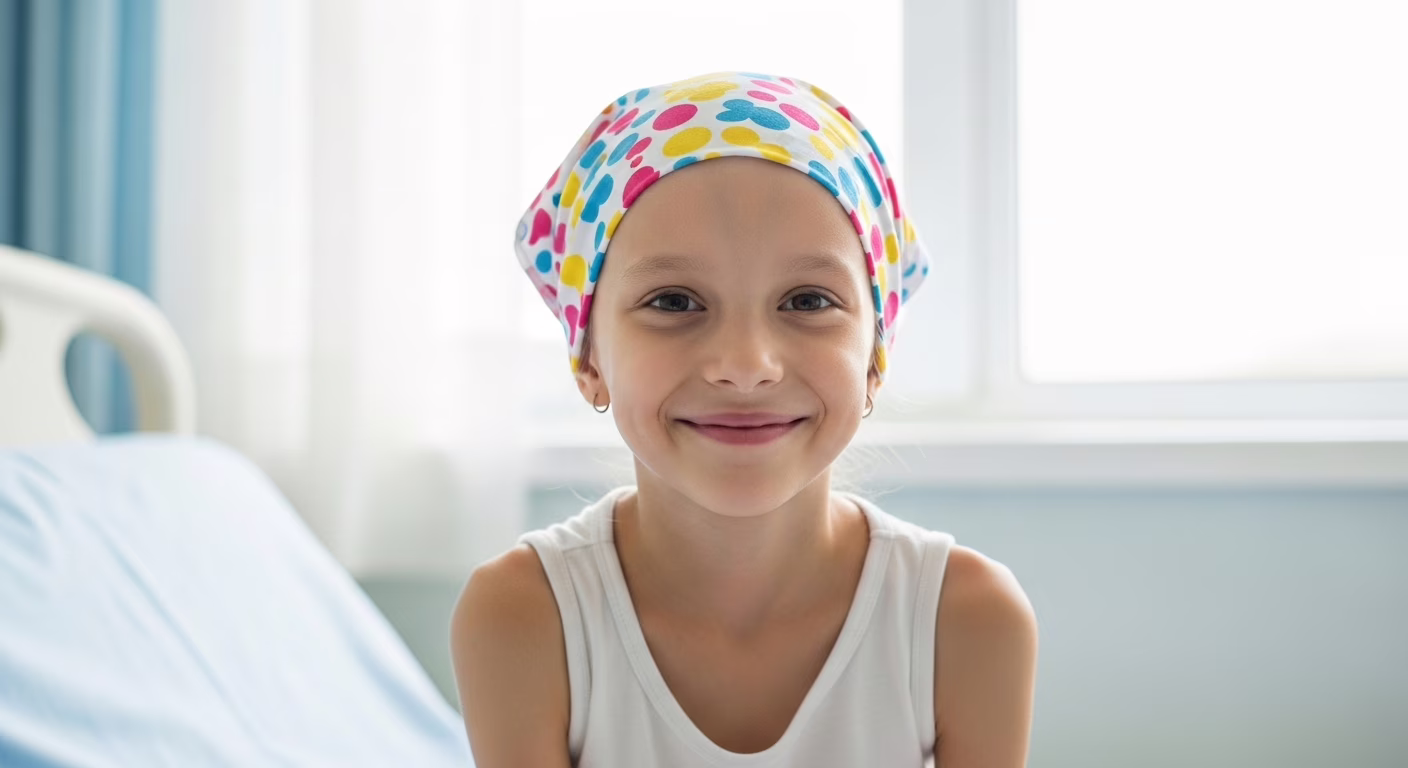 Criança em tratamento contra o câncer infantil recebendo apoio