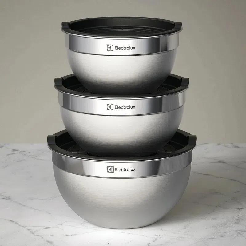 Conjunto com 3 Bowls Tigelas Inox e Tampa Plástica Electrolux