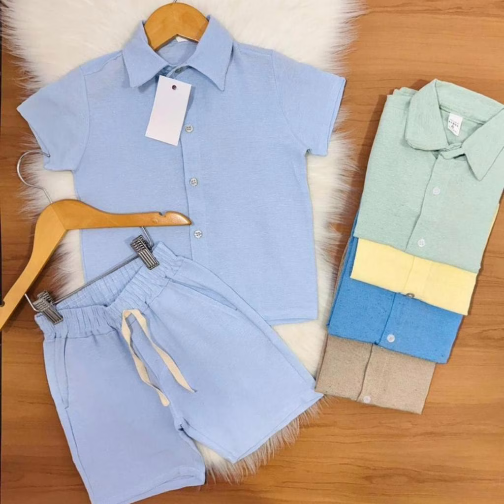 🛍️Conjunto Infantil Linho Camisa e Short Menino 2 Peças