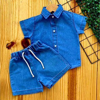 Conjunto Mauricinho Jeans Infantil Menino Camisa e Short Confortável