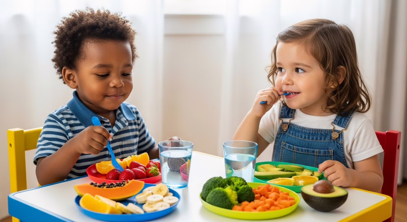 Prateleira de farmácia com diversos suplementos vitamínicos infantis coloridos e atrativos