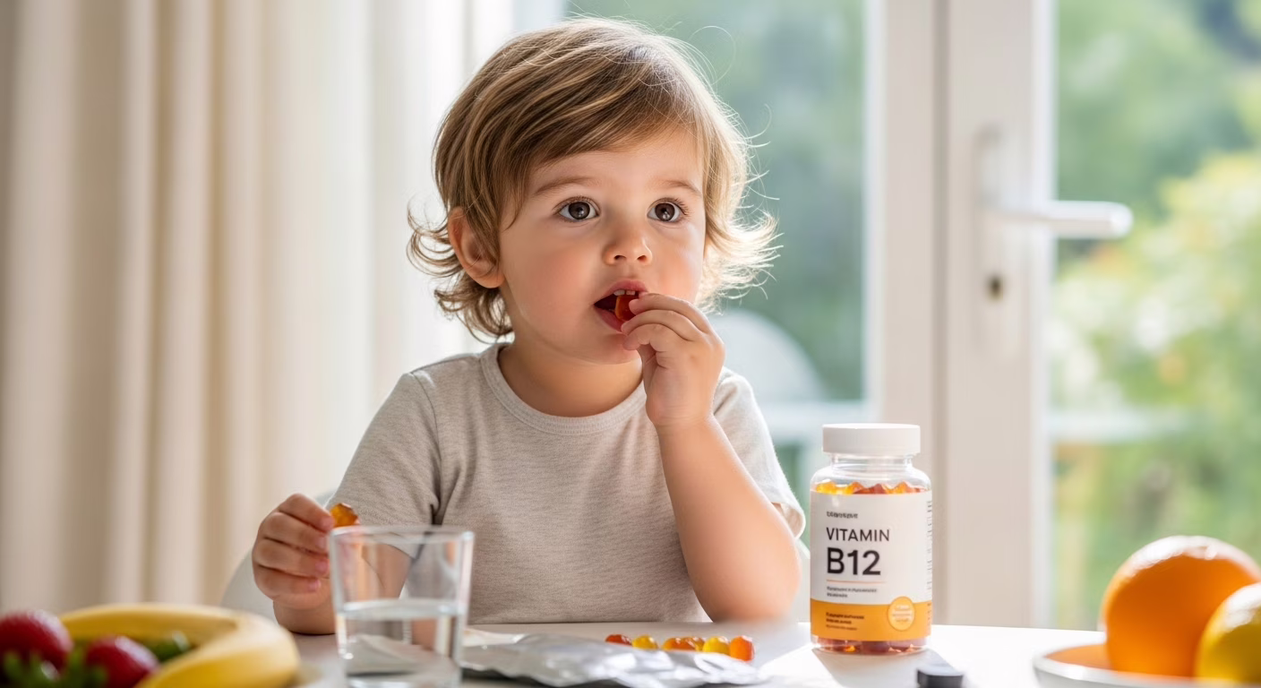 Criança feliz comendo frutas e legumes coloridos em um prato