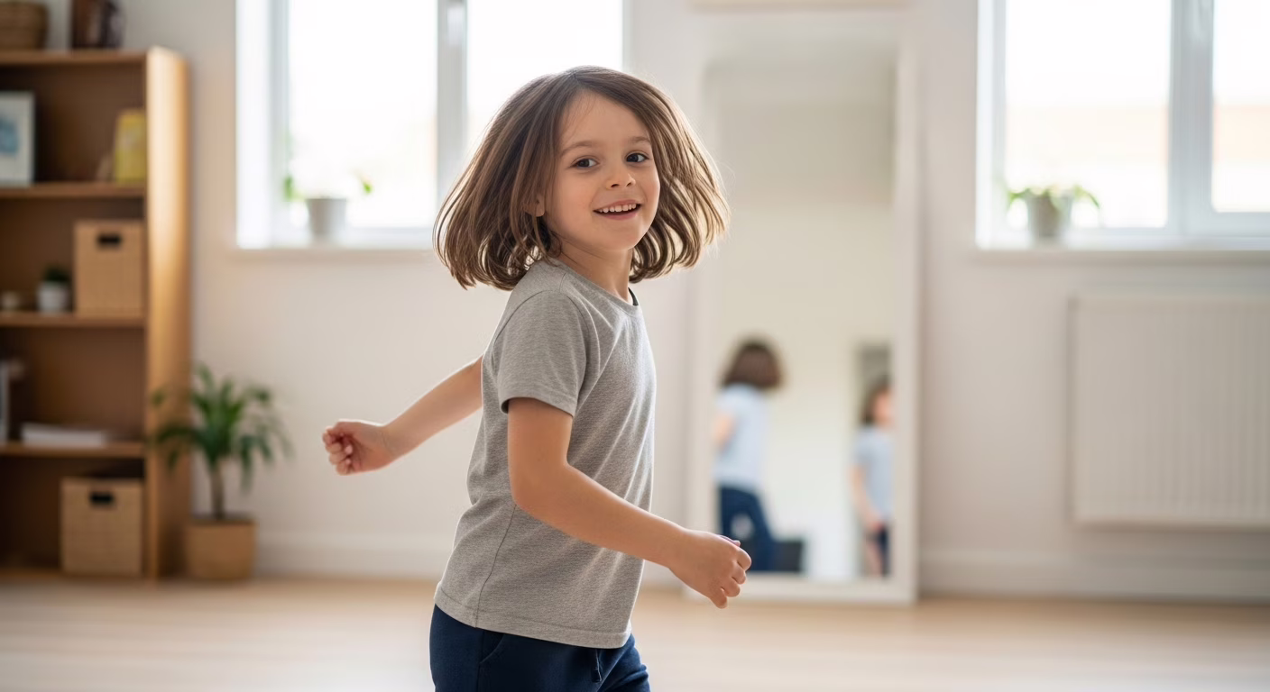 Crianças dançando e sorrindo em uma sala de aula colorida
