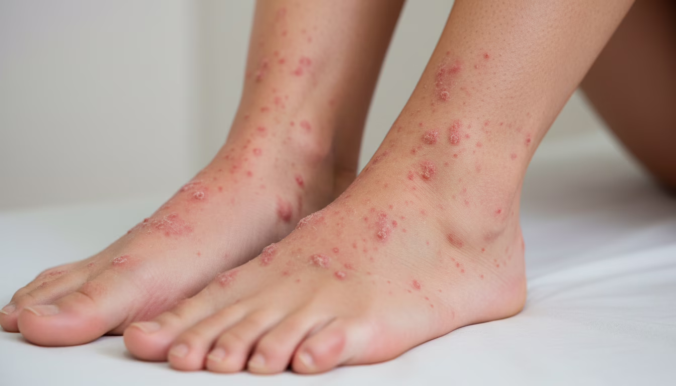 Bebê com dermatite atópica sendo examinado por médico, mostrando pele vermelha e irritada nas bochechas e braços