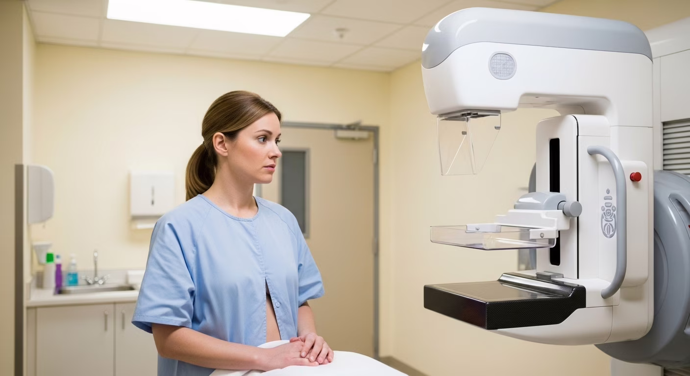 Mãe consultando médico sobre rastreamento de câncer, com gráficos de saúde ao fundo