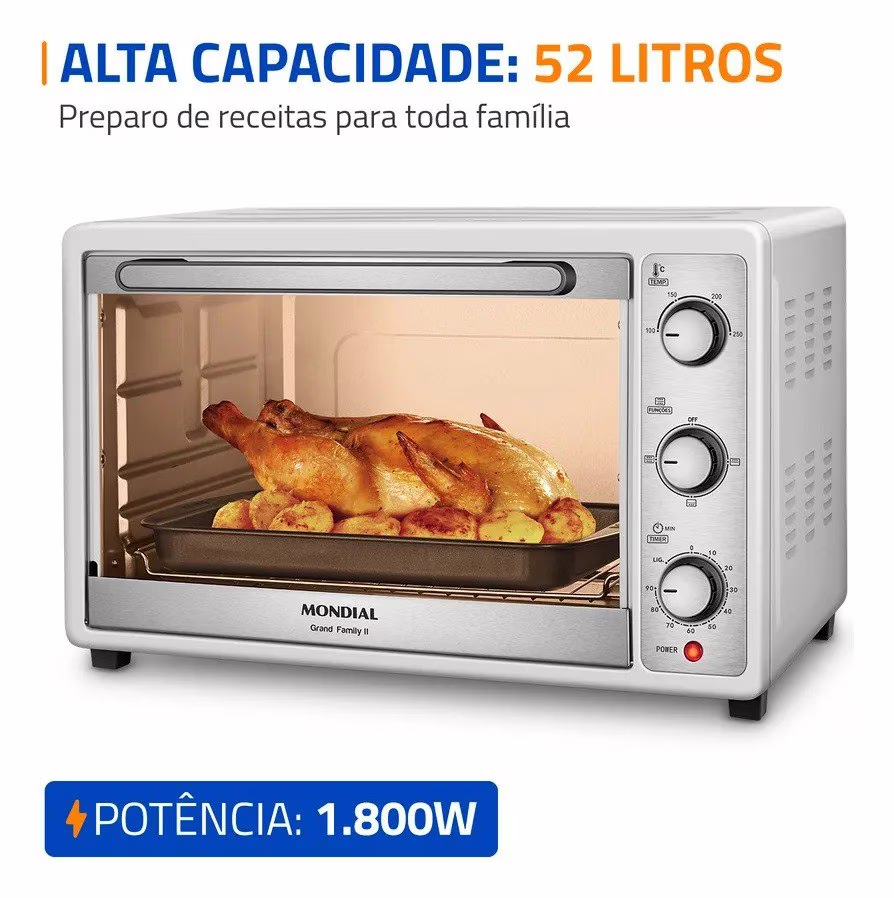 Forno Elétrico 52L Grand Family II, Mondial, Branco/Inox, 1800W FRN-52-W