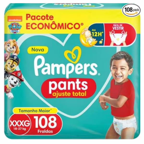 Fralda Pampers Pants Ajuste Total tamanho XXXG, Fácil de Vestir, 108 Unidades