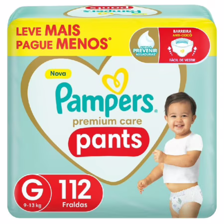 Fralda Pampers Premium Care Pants Tamanho G, Fácil de Vestir, 112 Unidades