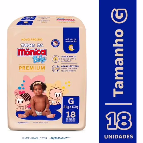 Fralda Turma da Mônica Baby Premium Jumbo G com 18 unidades