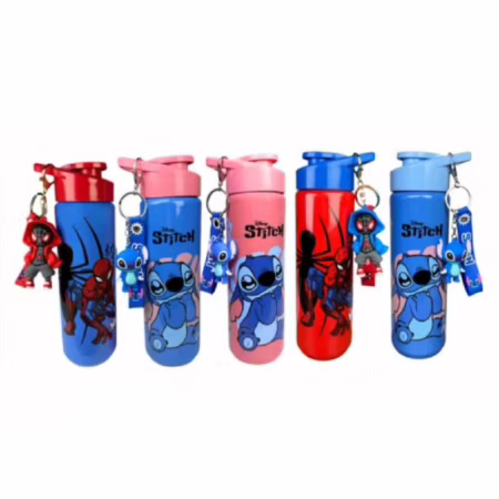 Garrafinha para Lembrancinhas de Festas Personagens Homem Aranha e Stitch acompanha  Lindo Chaveiro