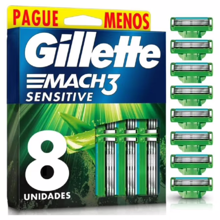 GILLETTE Mach3 Sensitive Carga para Aparelho de Barbear Reutilizável , 8 Refis com Aloe, Barbear Rente com Menos Irritação para Homens com Pele Sensív...