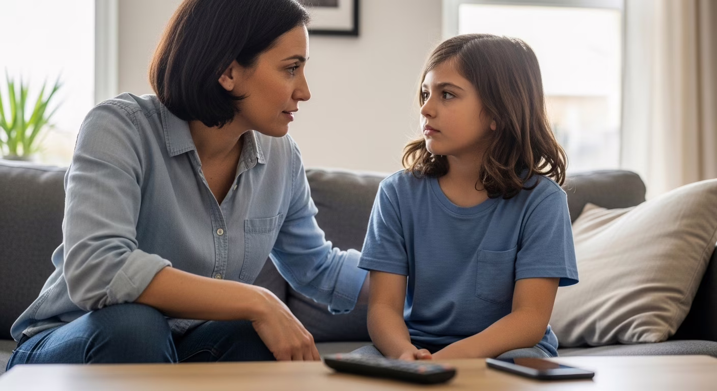 Mãe conversando com filha pequena sobre sentimentos em ambiente aconchegante