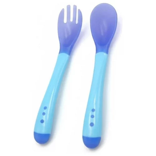 Jogo Colher e Garfo Infantil Termossensível para Bebê - Talheres Infantis de Silicone que Muda de Cor com a Temperatura, Kit Introdução Alimentar Segura - Shop100 (Azul)